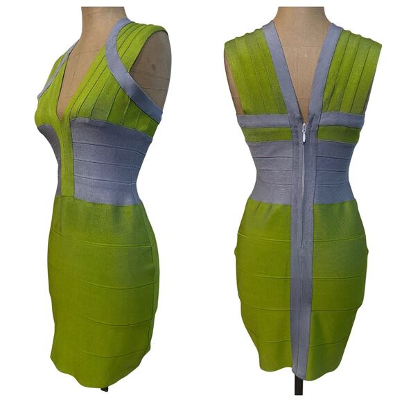 Herve Leger size Medium Mini Dress Spring 2010 Lime Green Color Block Bandage - Picture 3 of 10